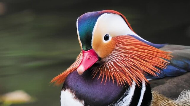 Macro profile portrait of colorful male mandarin duck bird head