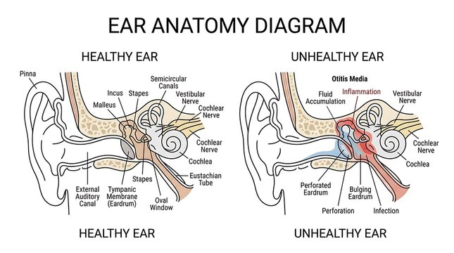 Comparative diagram of human ear anatomy showing otitis media signs