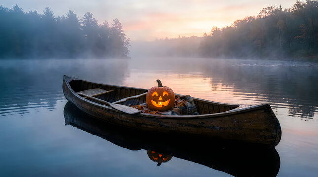 Glowing jack o lantern inside a canoe on a misty lake