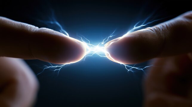 Close-up of two human fingers almost touching with a bright electric spark between them, symbolizing inspiration, brilliant ideas, creativity, innovation and breakthrough thinking.
