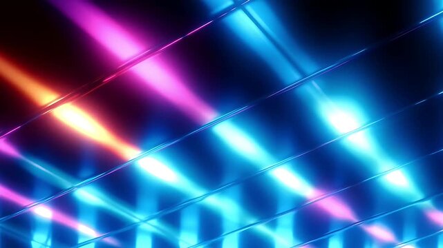 Abstract background featuring vibrant neon light beams shining through a dark grid structure.
