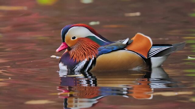 Male mandarin duck swimming in pond with colorful autumn reflection