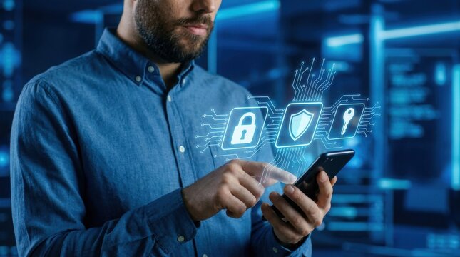 Bearded professional managing encrypted data via smartphone with digital icons.
