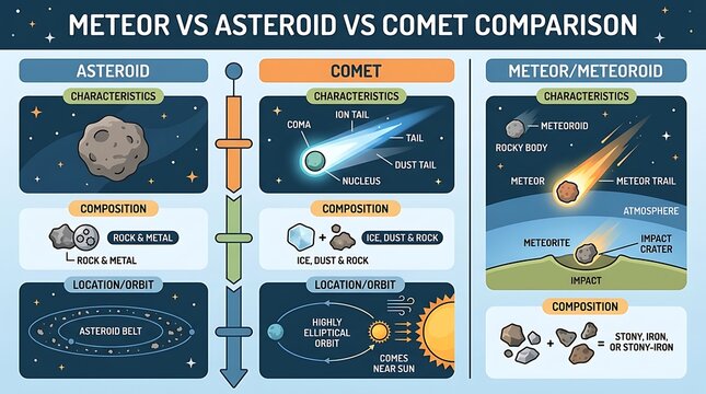 Educational infographic comparing asteroid comet and meteor