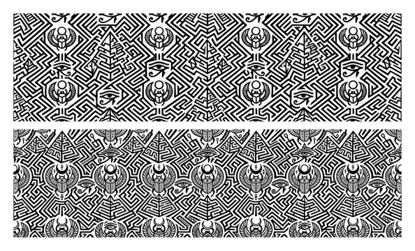 Egyptian scarab beetle and eye of horus seamless pattern in intricate labyrinth geometric style