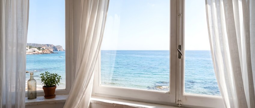 Bright white window with sheer curtains overlooking a tranquil ocean bay