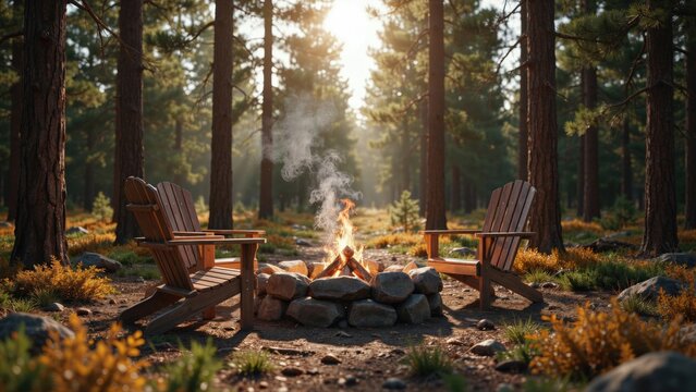 Two wooden chairs near a campfire in a pine forest at sunset