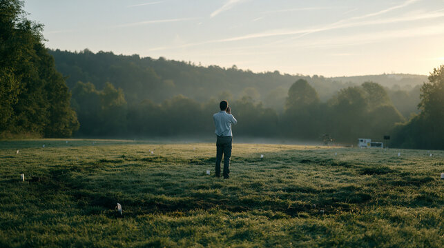 Forensic scientist photographs disturbed soil patterns in a misty pasture at dawn, evidence markers arranged in a grid across the field, aftermath of an overnight incident clearly visible in the fla