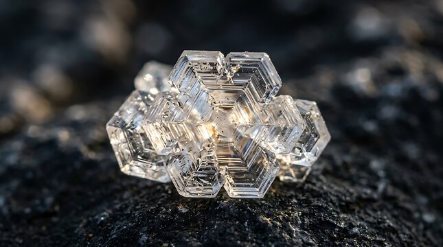 Close up of a detailed hexagonal snowflake on dark textured rock