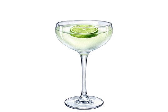 watercolor gimlet cocktail illustration with fresh floating lime wheel in stemmed coupe glass isolated on transparent background