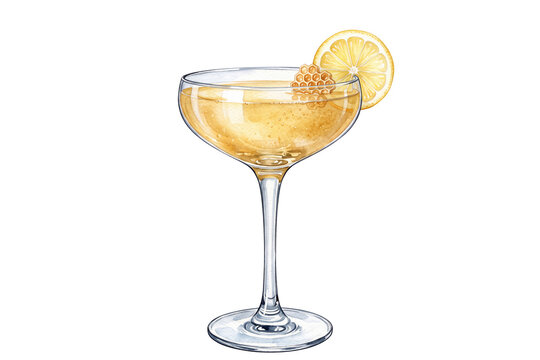 watercolor bees knees cocktail illustration with honeycomb piece and lemon slice garnish in stemmed coupe glass isolated on transparent background