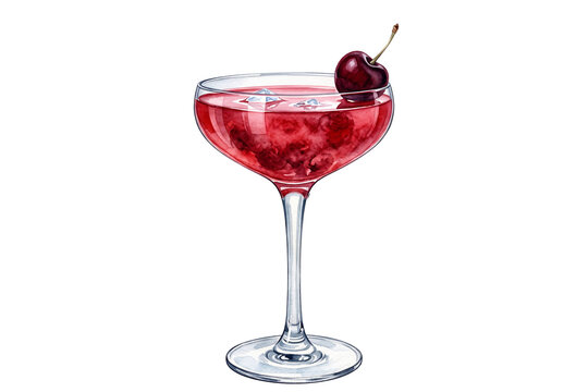 watercolor cherry cocktail illustration with fresh dark cherry garnish and ice in stemmed coupe glass isolated on transparent background