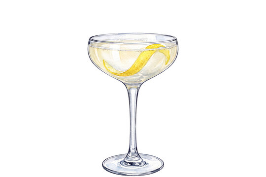 watercolor vesper martini cocktail illustration with yellow lemon peel twist in stemmed coupe glass isolated on transparent background