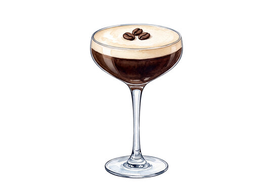 watercolor espresso martini cocktail illustration with smooth crema foam and coffee beans garnish in stemmed coupe glass isolated on transparent background
