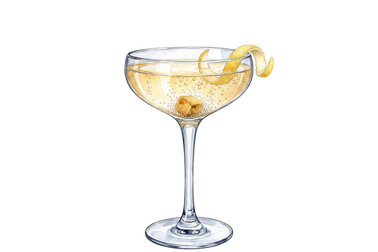 watercolor champagne cocktail illustration with sugar cube effervescent bubbles and lemon twist garnish in stemmed coupe glass isolated on transparent background