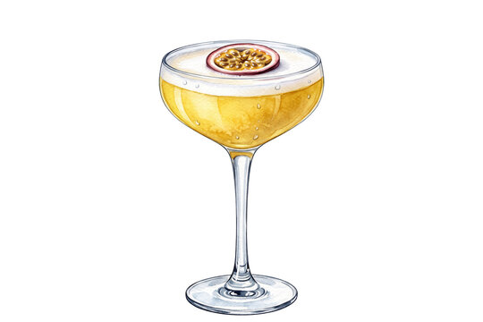 watercolor pornstar martini cocktail illustration with fresh passionfruit half garnish in stemmed coupe glass isolated on transparent background