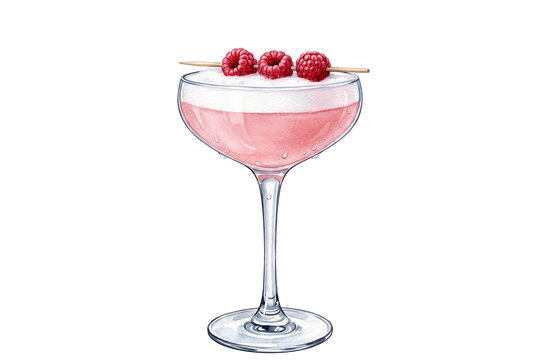 watercolor clover club cocktail illustration with fresh raspberry garnish in stemmed coupe glass isolated on transparent background