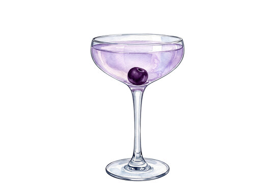 watercolor aviation cocktail illustration with purple violet liqueur and dark cherry in stemmed coupe glass isolated on transparent background