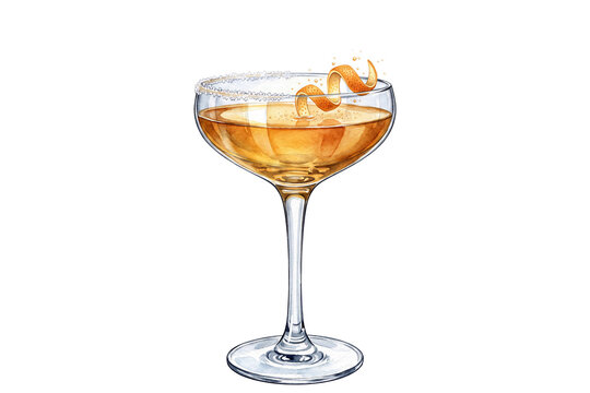 watercolor sidecar cocktail illustration with sugared rim and orange peel twist in stemmed coupe glass isolated on transparent background