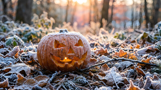 Carved jack o lantern pumpkin in a frosty autumn halloween forest