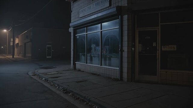 Spooky deserted street at night with an empty dark shopfront for Halloween 2026