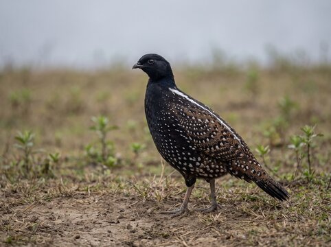 A male black francolin bird standing alert in a grassy field with white spotted plumage photography
