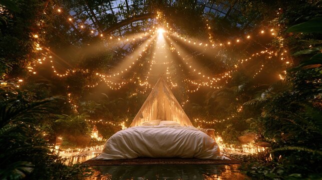 Magical jungle bedroom with fairy lights and canopy bed, illuminated by sunbeams.