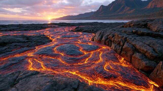 Molten lava flowing into the ocean at sunset with volcanic mountains in the background