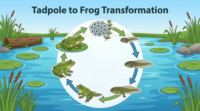 Frog life cycle diagram showing metamorphosis stages in a pond
