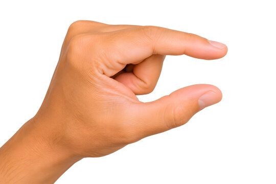 Hand showing small size gesture. Fingers pinching to indicate a tiny amount or measurement.