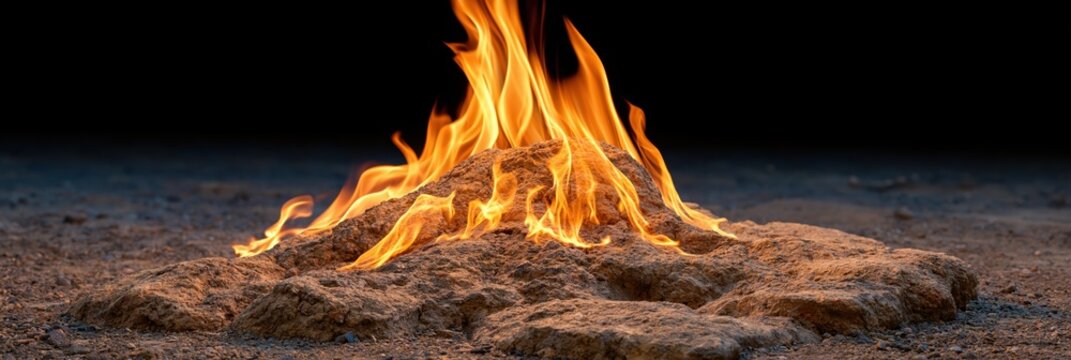 Natural gas fire burning on rocky ground with black background
