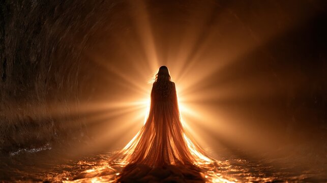Silhouette of a woman in a flowing gown standing in a cave with dramatic light rays behind her.