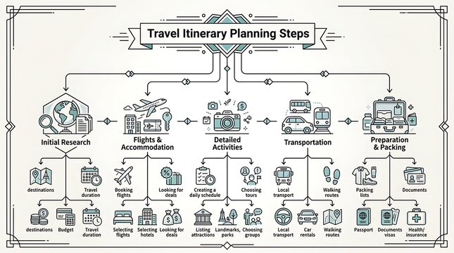 Comprehensive travel itinerary planning steps infographic with icons