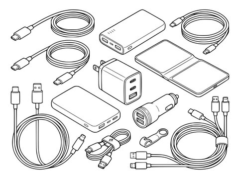 Collection of Electronic Accessories Power Banks Chargers and USB Cables Line Art