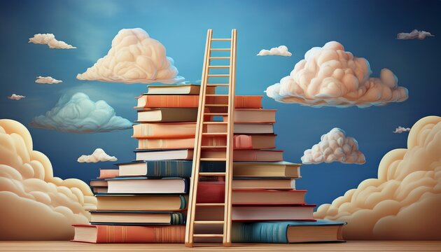 abstract wallpaper for world book day featuring a bookshelf with ladders in the sky with clouds background ladder on top of a pile of books concept of education and growth 3d rendering ai generate