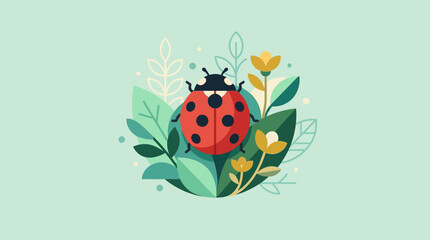 Fototapeta premium Charming illustration of a vibrant ladybug perched on lush green foliage with delicate yellow flowers in a minimalistic natural