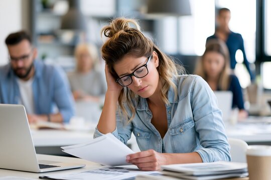 exhausted female office employee reviewing reports while colleagues continue assigning new tasks, busy workplace, time management challenge, productivity pressure, natural office lighting,