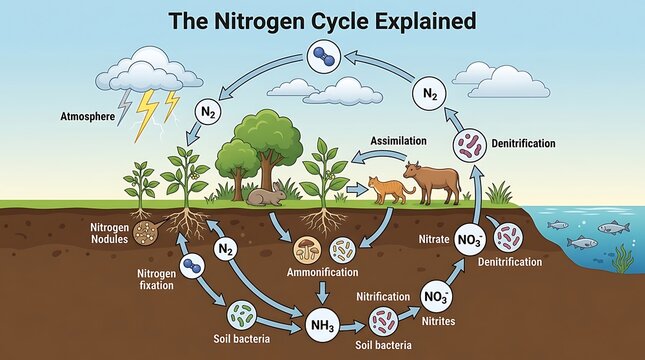Nitrogen cycle diagram explaining ecological chemical processes