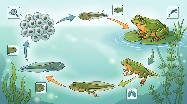 Frog life cycle diagram showing metamorphosis stages from egg to adult