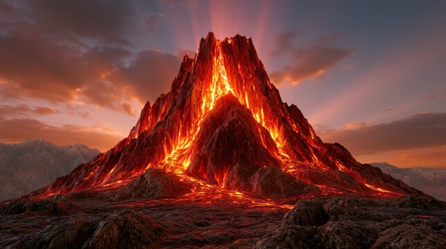 Fiery Volcano Eruption with Molten Lava Flowing Down the Mountain Under a Dramatic Sunset Sky