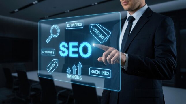 Business professional pointing at a digital screen showing search engine strategy.