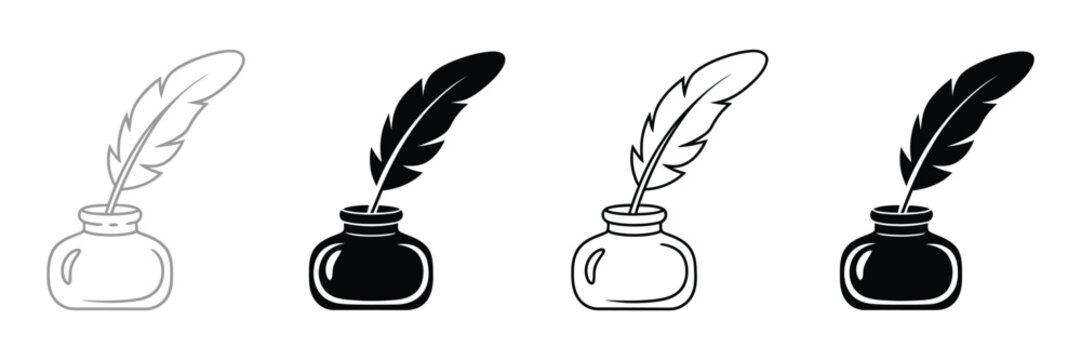 Quill Pen and Ink Bottle Icon Featuring Feather Writing Pen, Vintage Inkpot, Classic Calligraphy Tool, Outline and Silhouette Vector Design.