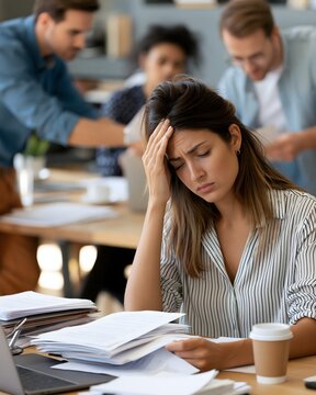 young professional woman struggling with excessive workload while coworkers pass documents across the desk, office collaboration, employee burnout awareness, authentic workplace scenario