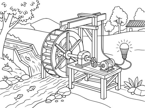 Water wheel generating electricity with a light bulb in a rural landscape illustration