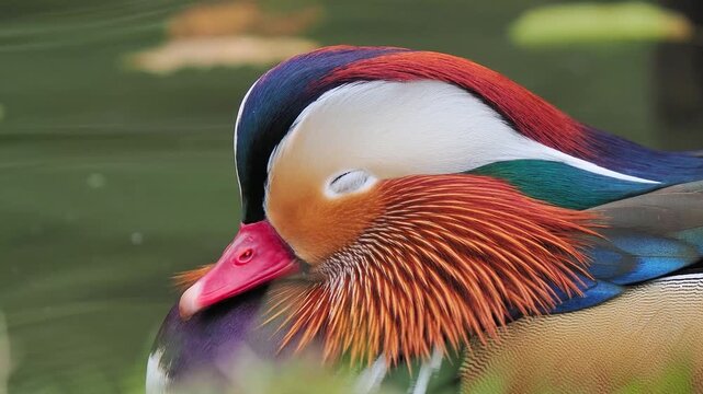 Macro profile portrait of colorful male mandarin duck bird head