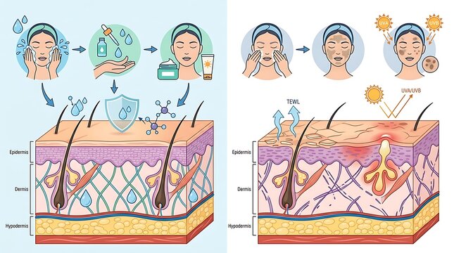 Healthy skincare routine versus sun damaged skin layer comparison