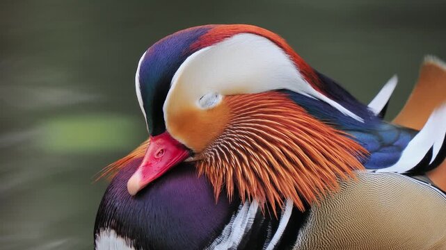 Drowsy male mandarin duck resting in autumn pond water background