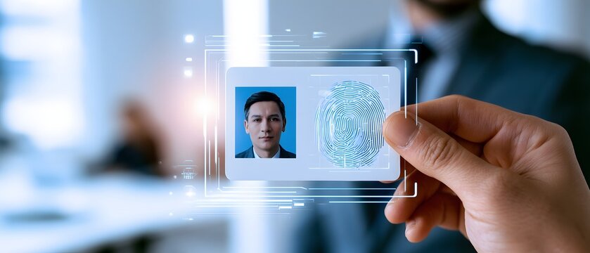modern identity verification concept featuring a hand holding a customizable ID card, biometric security, digital authentication, enterprise access system, minimal office background