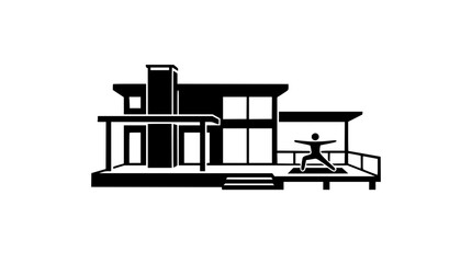 Fototapeta premium Minimalist modern house icon with a person doing yoga on the deck