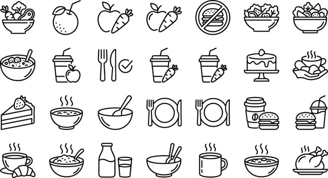 Healthy food, diet, and fast food meal line art vector icon set featuring salad bowl fruit cake coffee fast food and hot soup symbols.eps